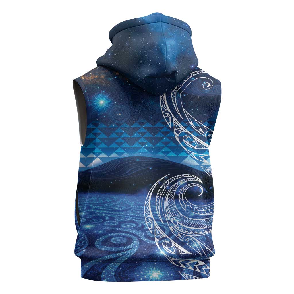 New Zealand Matariki Sleeveless Hoodie Taniko Aramoana With Koru Galaxy Sky Night LT9 - Polynesian Pride