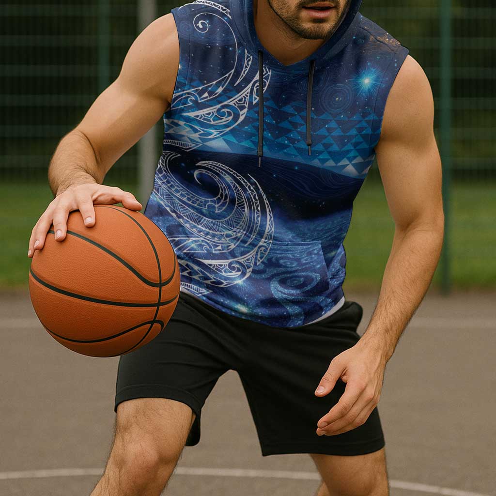 New Zealand Matariki Sleeveless Hoodie Taniko Aramoana With Koru Galaxy Sky Night LT9 - Polynesian Pride