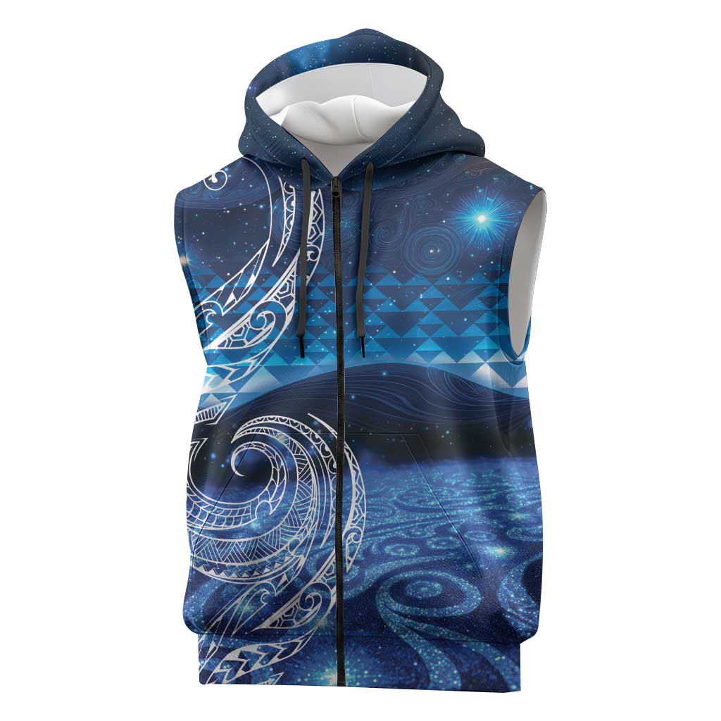 New Zealand Matariki Sleeveless Zip Hoodie Taniko Aramoana With Koru Galaxy Sky Night LT9 Galaxy - Polynesian Pride