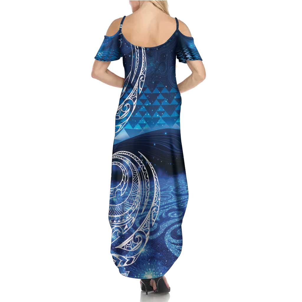 New Zealand Matariki Summer Maxi Dress Taniko Aramoana With Koru Galaxy Sky Night LT9 - Polynesian Pride