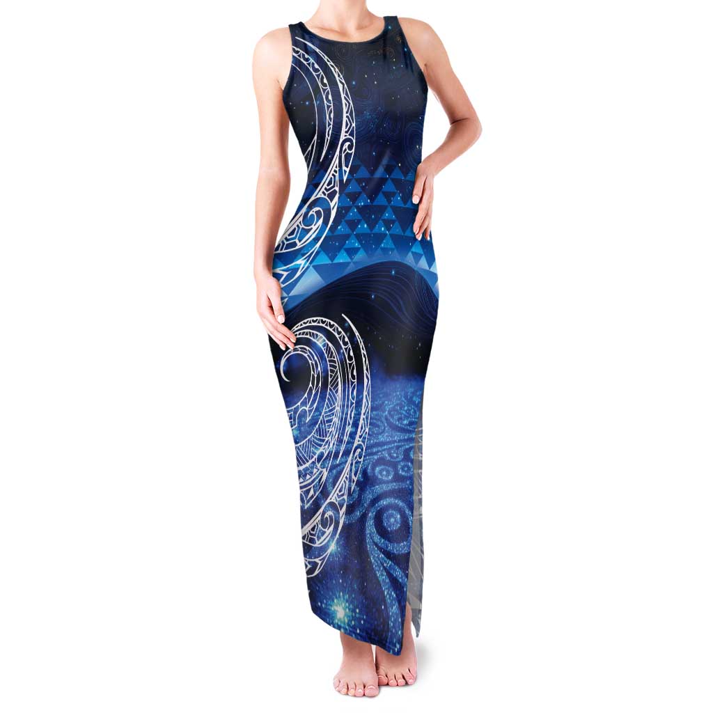 New Zealand Matariki Tank Maxi Dress Taniko Aramoana With Koru Galaxy Sky Night LT9 Women Galaxy - Polynesian Pride