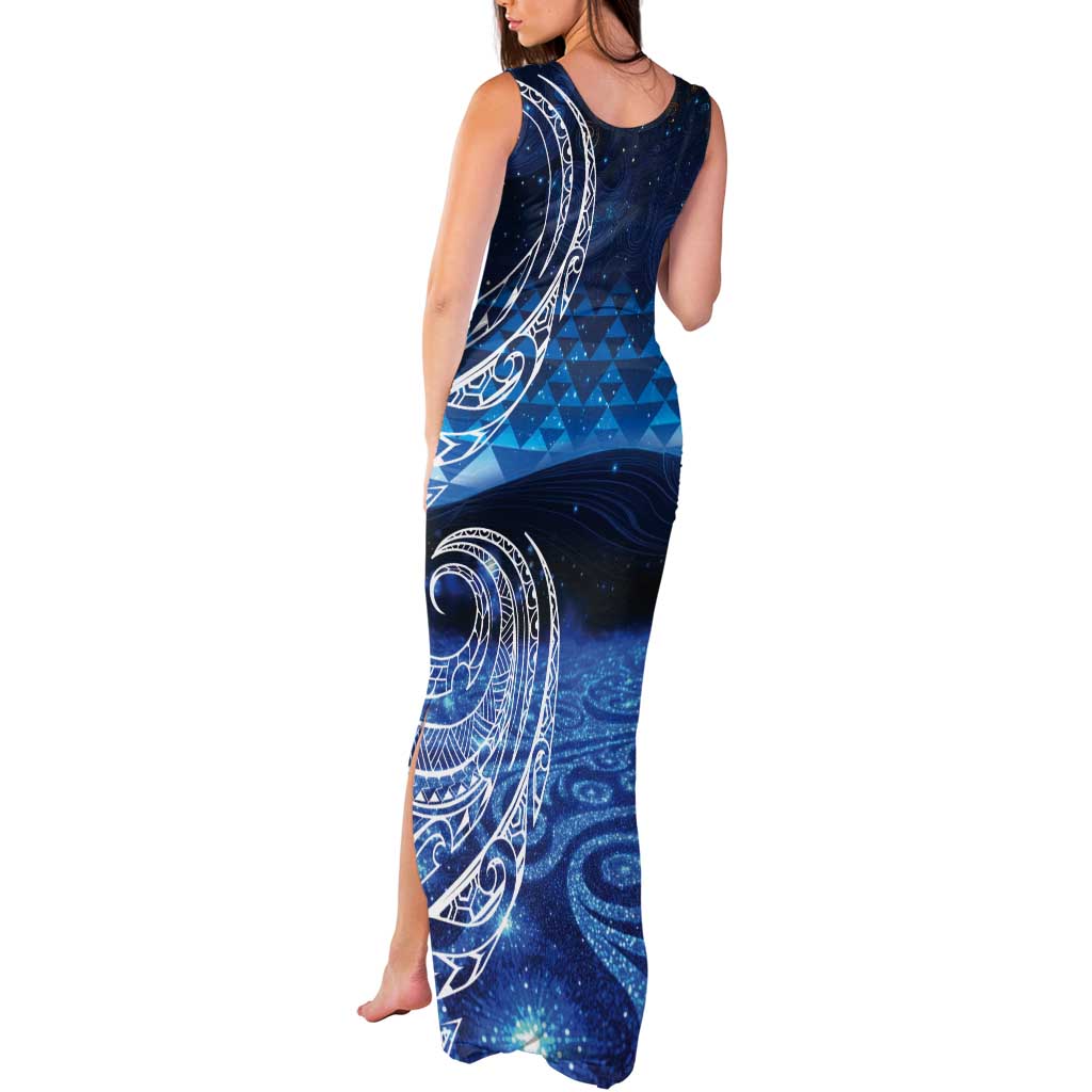 New Zealand Matariki Tank Maxi Dress Taniko Aramoana With Koru Galaxy Sky Night LT9 - Polynesian Pride