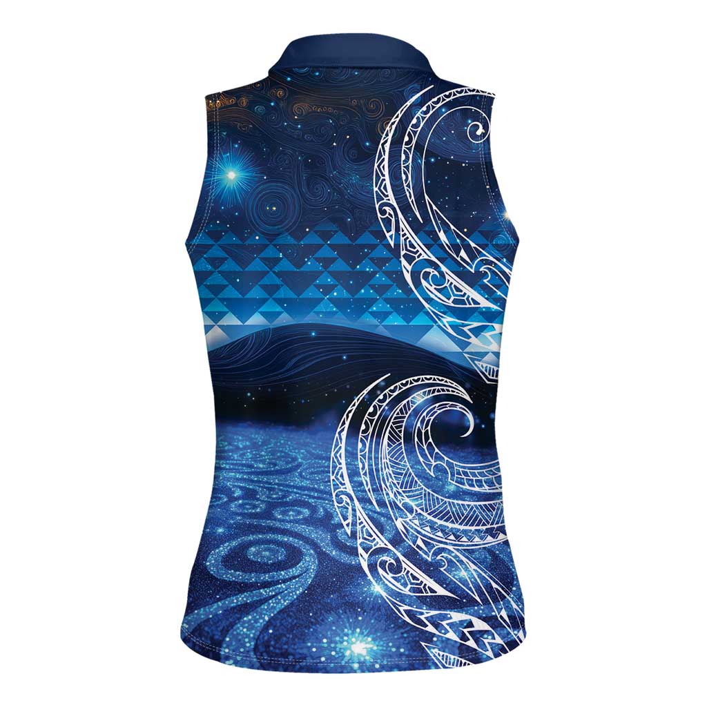 New Zealand Matariki Women Sleeveless Polo Shirt Taniko Aramoana With Koru Galaxy Sky Night LT9 - Polynesian Pride
