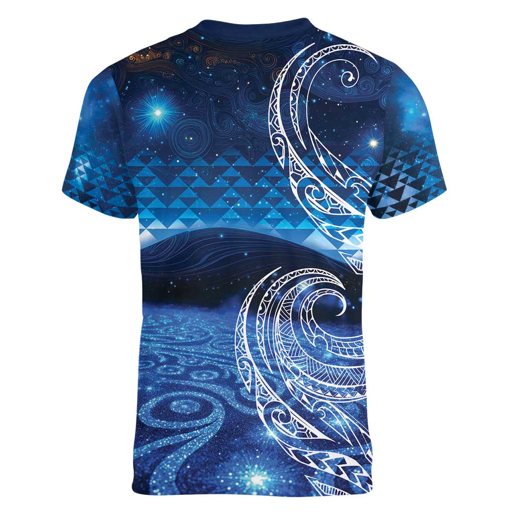 New Zealand Matariki Women V-Neck T-Shirt Taniko Aramoana With Koru Galaxy Sky Night LT9 - Polynesian Pride