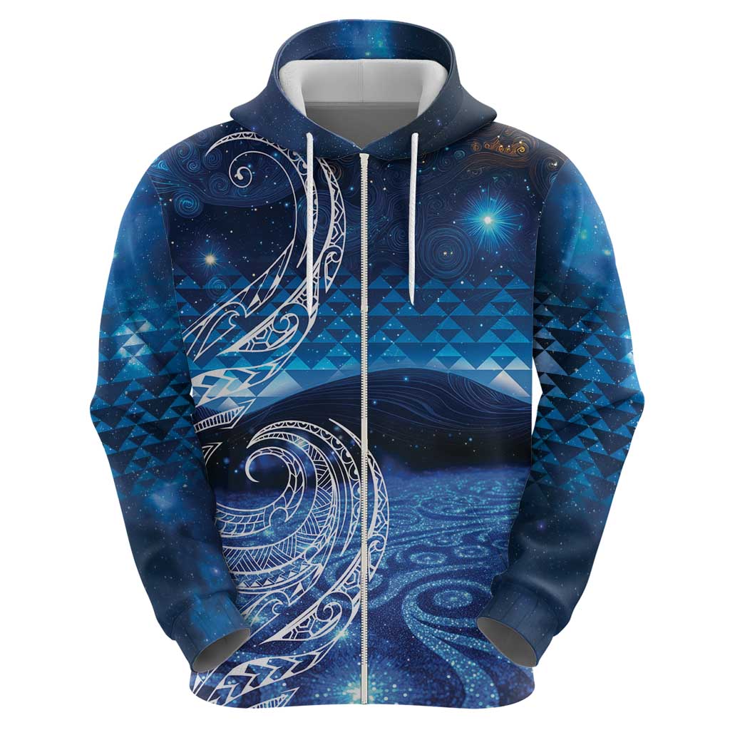 New Zealand Matariki Zip Hoodie Taniko Aramoana With Koru Galaxy Sky Night LT9 - Polynesian Pride