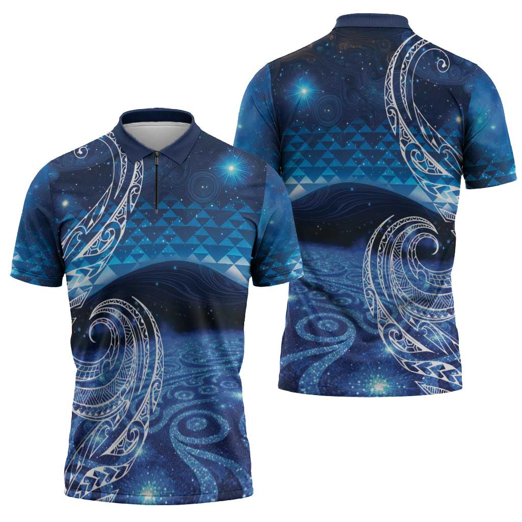 New Zealand Matariki Zipper Polo Shirt Taniko Aramoana With Koru Galaxy Sky Night LT9 - Polynesian Pride