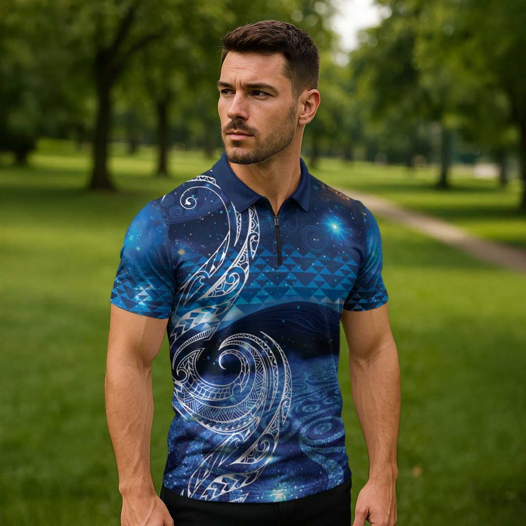 New Zealand Matariki Zipper Polo Shirt Taniko Aramoana With Koru Galaxy Sky Night LT9 - Polynesian Pride