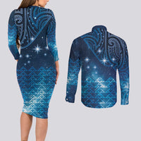 New Zealand Matariki Couples Matching Long Sleeve Bodycon Dress and Long Sleeve Button Shirt Taniko Aramoana With Maori Galaxy Sky Night LT9 - Polynesian Pride