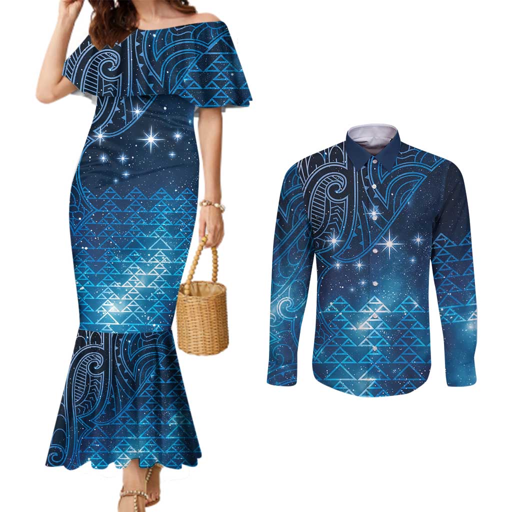 New Zealand Matariki Couples Matching Mermaid Dress and Long Sleeve Button Shirt Taniko Aramoana With Maori Galaxy Sky Night LT9 Galaxy - Polynesian Pride