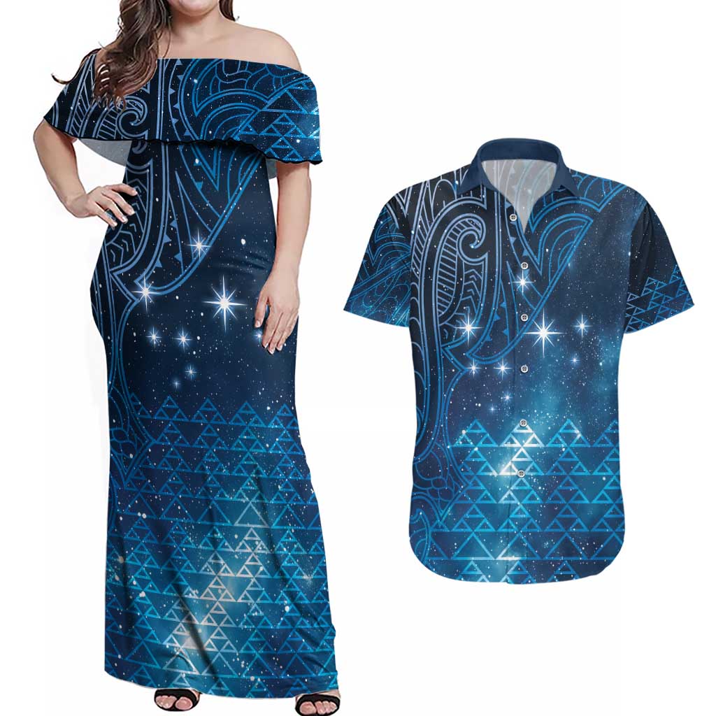 New Zealand Matariki Couples Matching Off Shoulder Maxi Dress and Hawaiian Shirt Taniko Aramoana With Maori Galaxy Sky Night LT9 Galaxy - Polynesian Pride