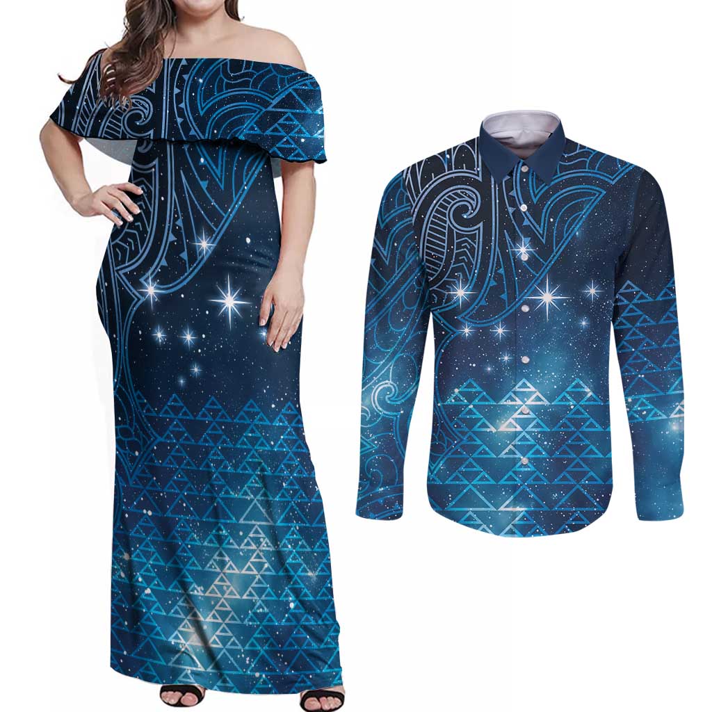 New Zealand Matariki Couples Matching Off Shoulder Maxi Dress and Long Sleeve Button Shirt Taniko Aramoana With Maori Galaxy Sky Night LT9 Galaxy - Polynesian Pride