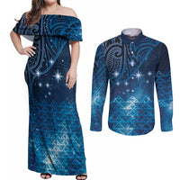 New Zealand Matariki Couples Matching Off Shoulder Maxi Dress and Long Sleeve Button Shirt Taniko Aramoana With Maori Galaxy Sky Night LT9 Galaxy - Polynesian Pride