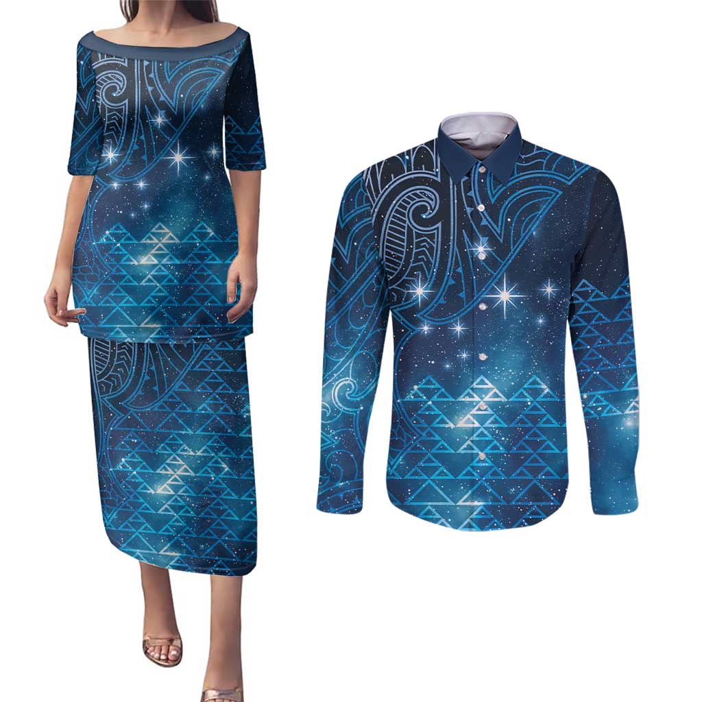 New Zealand Matariki Couples Matching Puletasi and Long Sleeve Button Shirt Taniko Aramoana With Maori Galaxy Sky Night LT9 Galaxy - Polynesian Pride