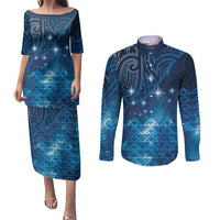 New Zealand Matariki Couples Matching Puletasi and Long Sleeve Button Shirt Taniko Aramoana With Maori Galaxy Sky Night LT9 Galaxy - Polynesian Pride