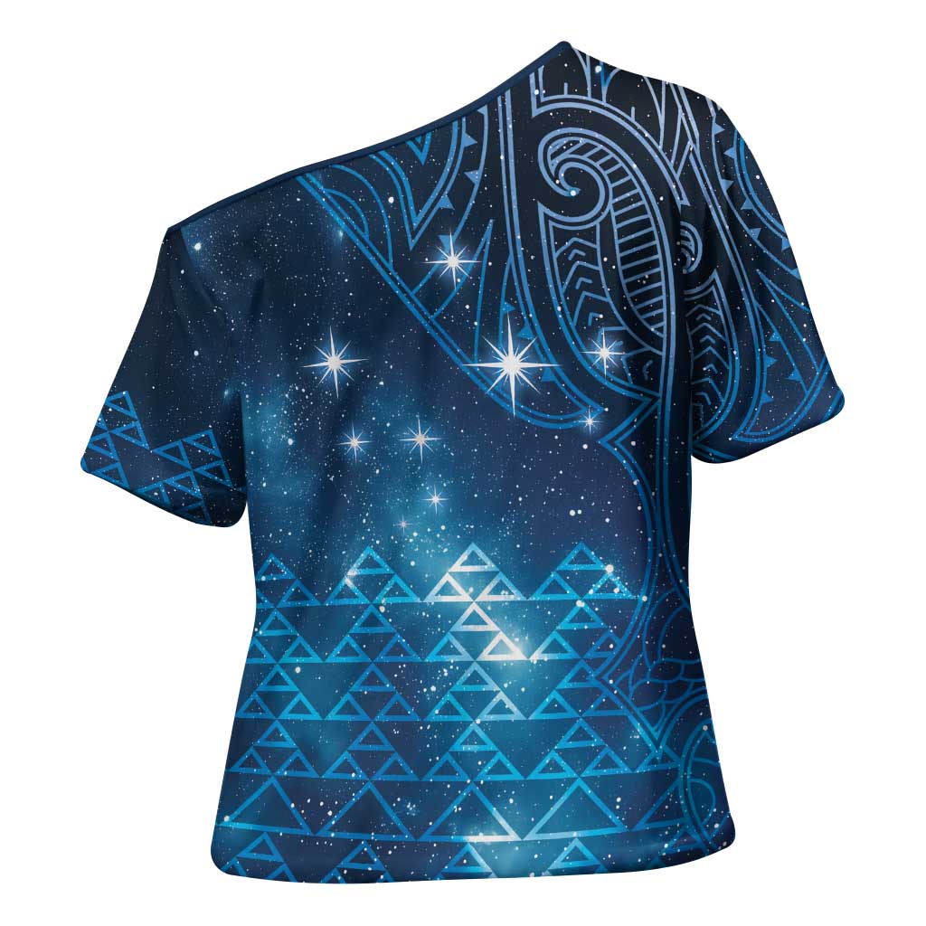 New Zealand Matariki Cross Shoulder Shirt Taniko Aramoana With Maori Galaxy Sky Night LT9 - Polynesian Pride