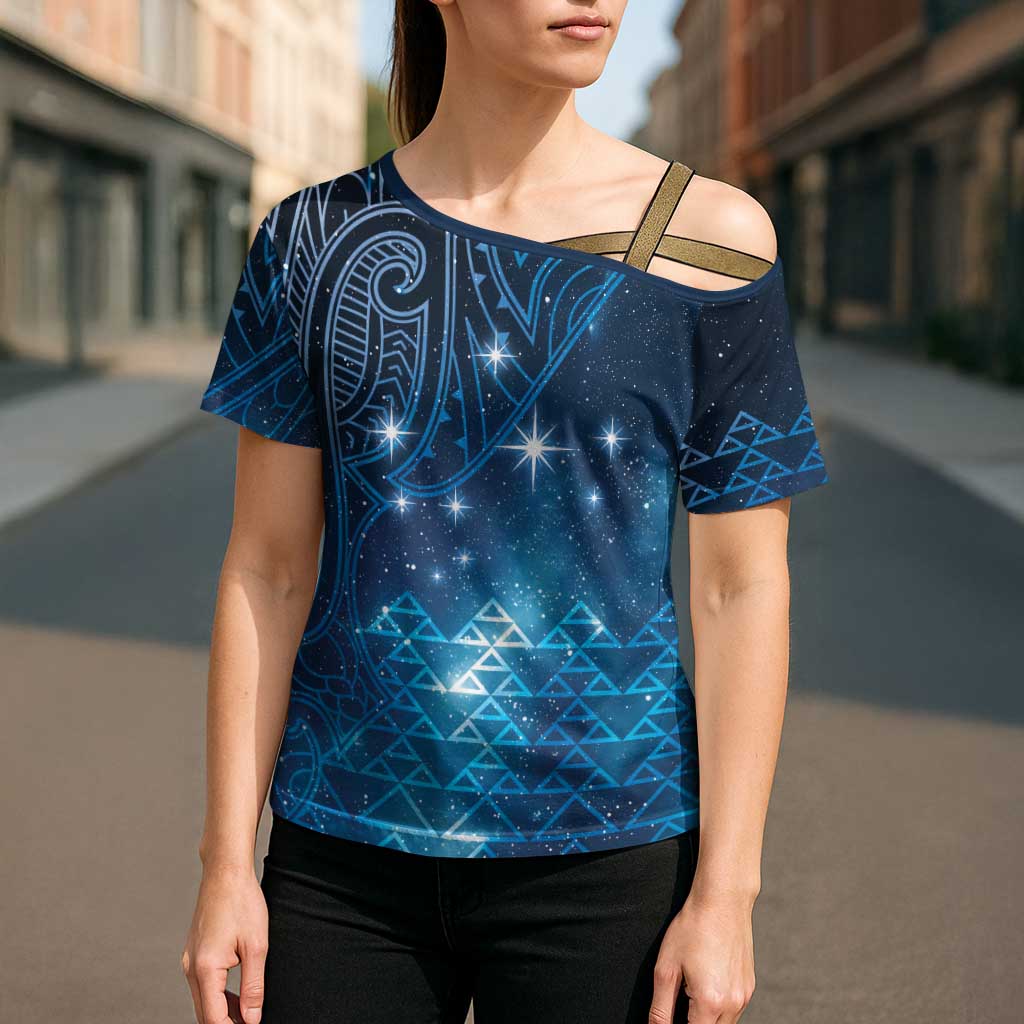 New Zealand Matariki Cross Shoulder Shirt Taniko Aramoana With Maori Galaxy Sky Night LT9 - Polynesian Pride