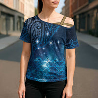 New Zealand Matariki Cross Shoulder Shirt Taniko Aramoana With Maori Galaxy Sky Night LT9 - Polynesian Pride