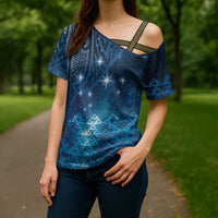 New Zealand Matariki Cross Shoulder Shirt Taniko Aramoana With Maori Galaxy Sky Night LT9 - Polynesian Pride