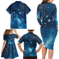 New Zealand Matariki Family Matching Long Sleeve Bodycon Dress and Hawaiian Shirt Taniko Aramoana With Maori Galaxy Sky Night LT9 - Polynesian Pride