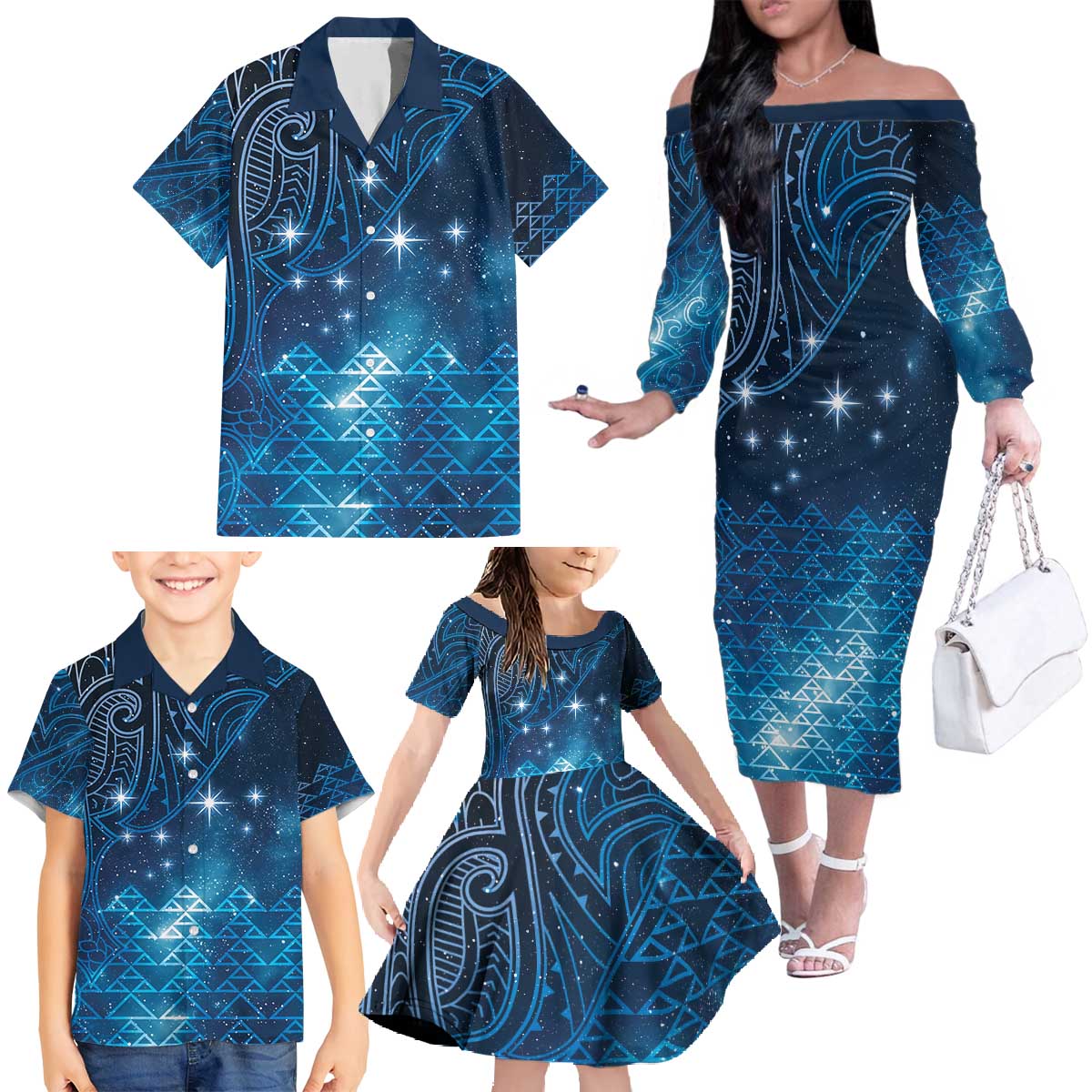 New Zealand Matariki Family Matching Off The Shoulder Long Sleeve Dress and Hawaiian Shirt Taniko Aramoana With Maori Galaxy Sky Night LT9 - Polynesian Pride