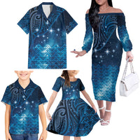 New Zealand Matariki Family Matching Off The Shoulder Long Sleeve Dress and Hawaiian Shirt Taniko Aramoana With Maori Galaxy Sky Night LT9 - Polynesian Pride