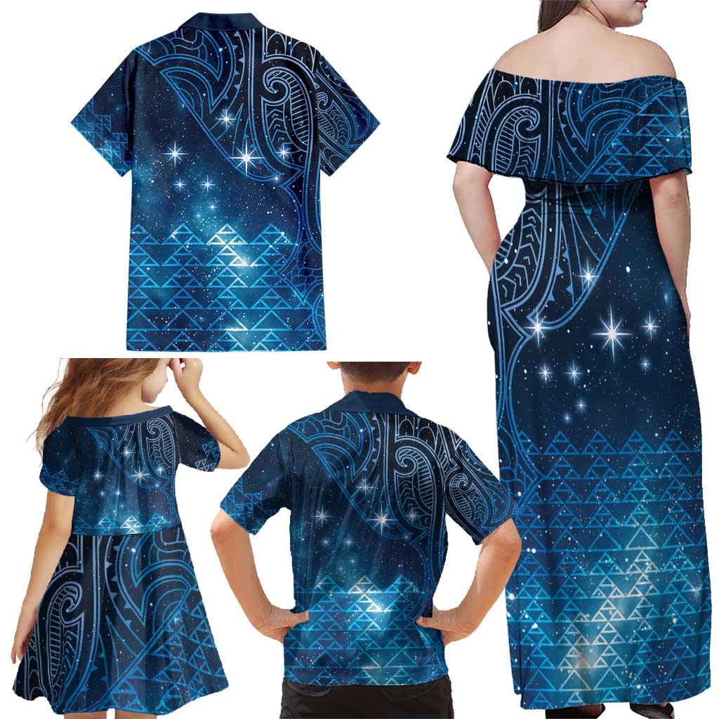 New Zealand Matariki Family Matching Off Shoulder Maxi Dress and Hawaiian Shirt Taniko Aramoana With Maori Galaxy Sky Night LT9 - Polynesian Pride