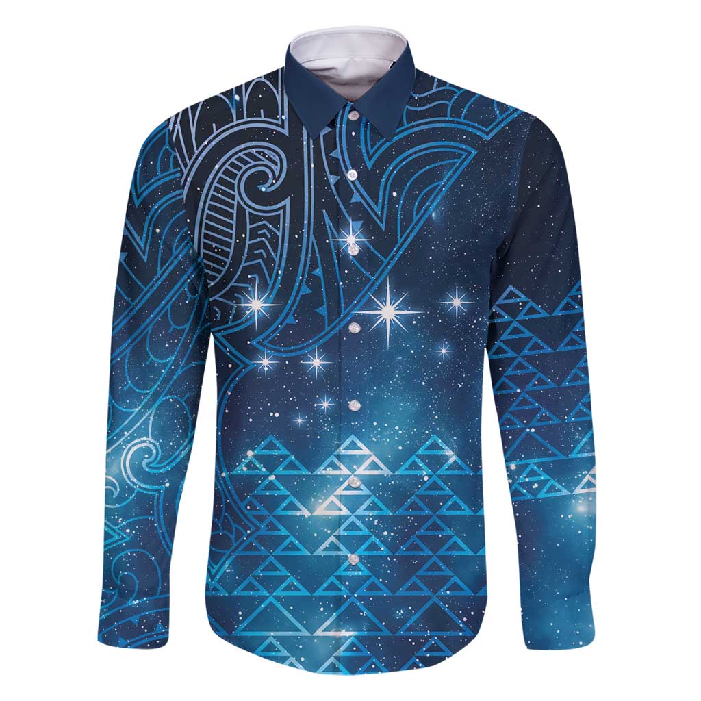 New Zealand Matariki Family Matching Off Shoulder Maxi Dress and Hawaiian Shirt Taniko Aramoana With Maori Galaxy Sky Night LT9 Dad's Shirt - Long Sleeve Galaxy - Polynesian Pride