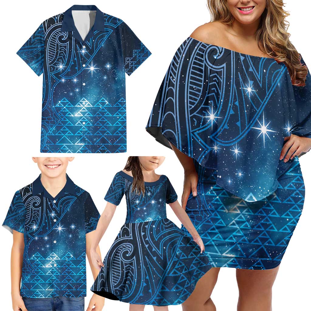New Zealand Matariki Family Matching Off Shoulder Short Dress and Hawaiian Shirt Taniko Aramoana With Maori Galaxy Sky Night LT9 - Polynesian Pride
