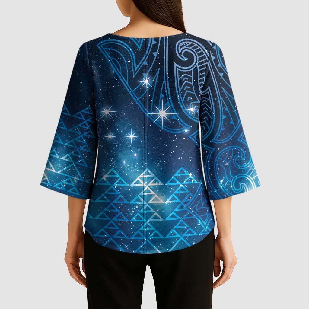 New Zealand Matariki Kimono Sleeve Blouse Taniko Aramoana With Maori Galaxy Sky Night LT9 - Polynesian Pride