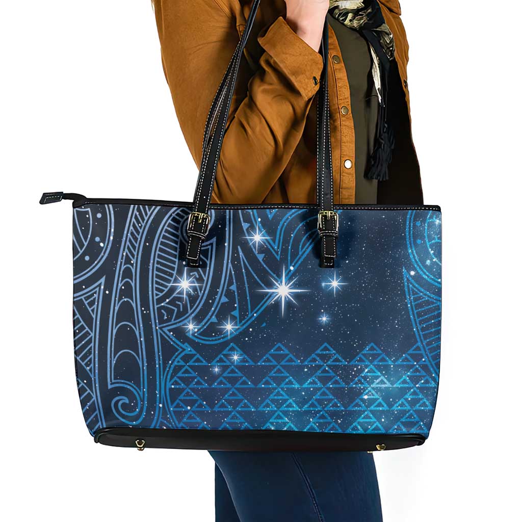 New Zealand Matariki Leather Tote Bag Taniko Aramoana With Maori Galaxy Sky Night LT9 - Polynesian Pride