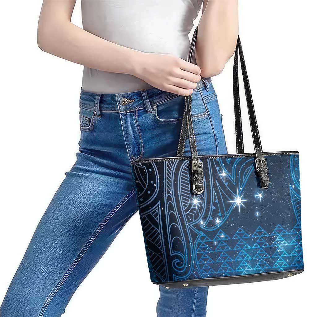 New Zealand Matariki Leather Tote Bag Taniko Aramoana With Maori Galaxy Sky Night LT9 - Polynesian Pride