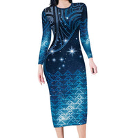 New Zealand Matariki Long Sleeve Bodycon Dress Taniko Aramoana With Maori Galaxy Sky Night LT9 Long Dress Galaxy - Polynesian Pride