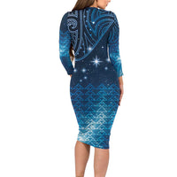 New Zealand Matariki Long Sleeve Bodycon Dress Taniko Aramoana With Maori Galaxy Sky Night LT9 - Polynesian Pride