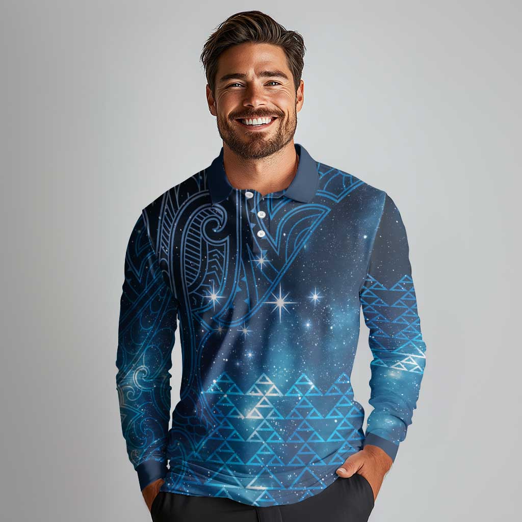 New Zealand Matariki Long Sleeve Polo Shirt Taniko Aramoana With Maori Galaxy Sky Night LT9 - Polynesian Pride