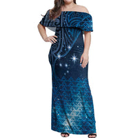 New Zealand Matariki Off Shoulder Maxi Dress Taniko Aramoana With Maori Galaxy Sky Night LT9 Women Galaxy - Polynesian Pride