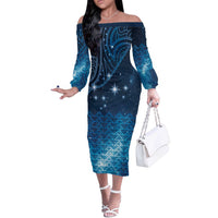 New Zealand Matariki Off The Shoulder Long Sleeve Dress Taniko Aramoana With Maori Galaxy Sky Night LT9 Women Galaxy - Polynesian Pride