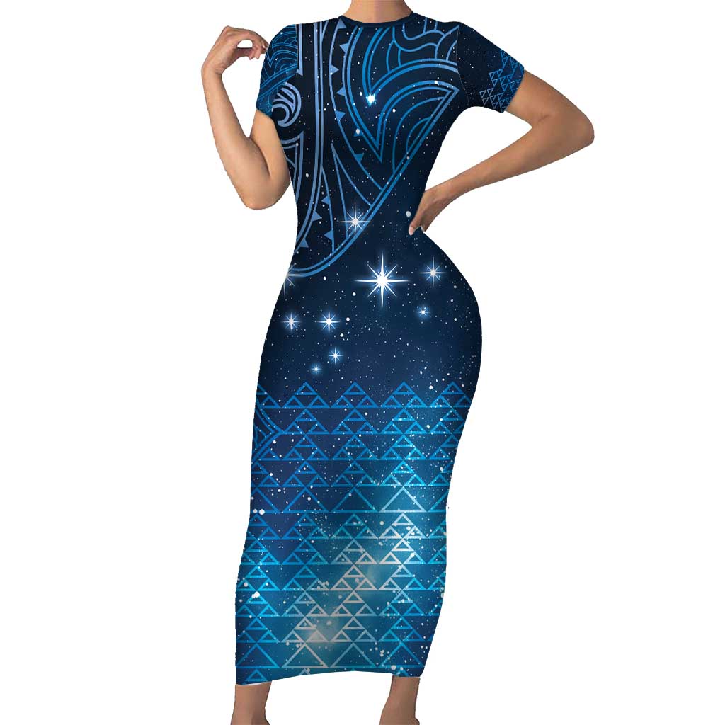 New Zealand Matariki Short Sleeve Bodycon Dress Taniko Aramoana With Maori Galaxy Sky Night LT9 Long Dress Galaxy - Polynesian Pride