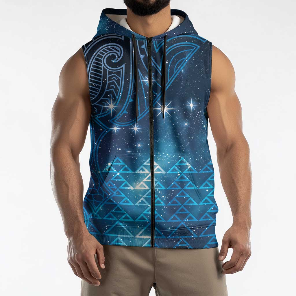 New Zealand Matariki Sleeveless Zip Hoodie Taniko Aramoana With Maori Galaxy Sky Night LT9 - Polynesian Pride