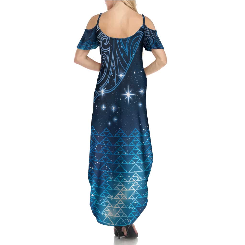 New Zealand Matariki Summer Maxi Dress Taniko Aramoana With Maori Galaxy Sky Night LT9 - Polynesian Pride