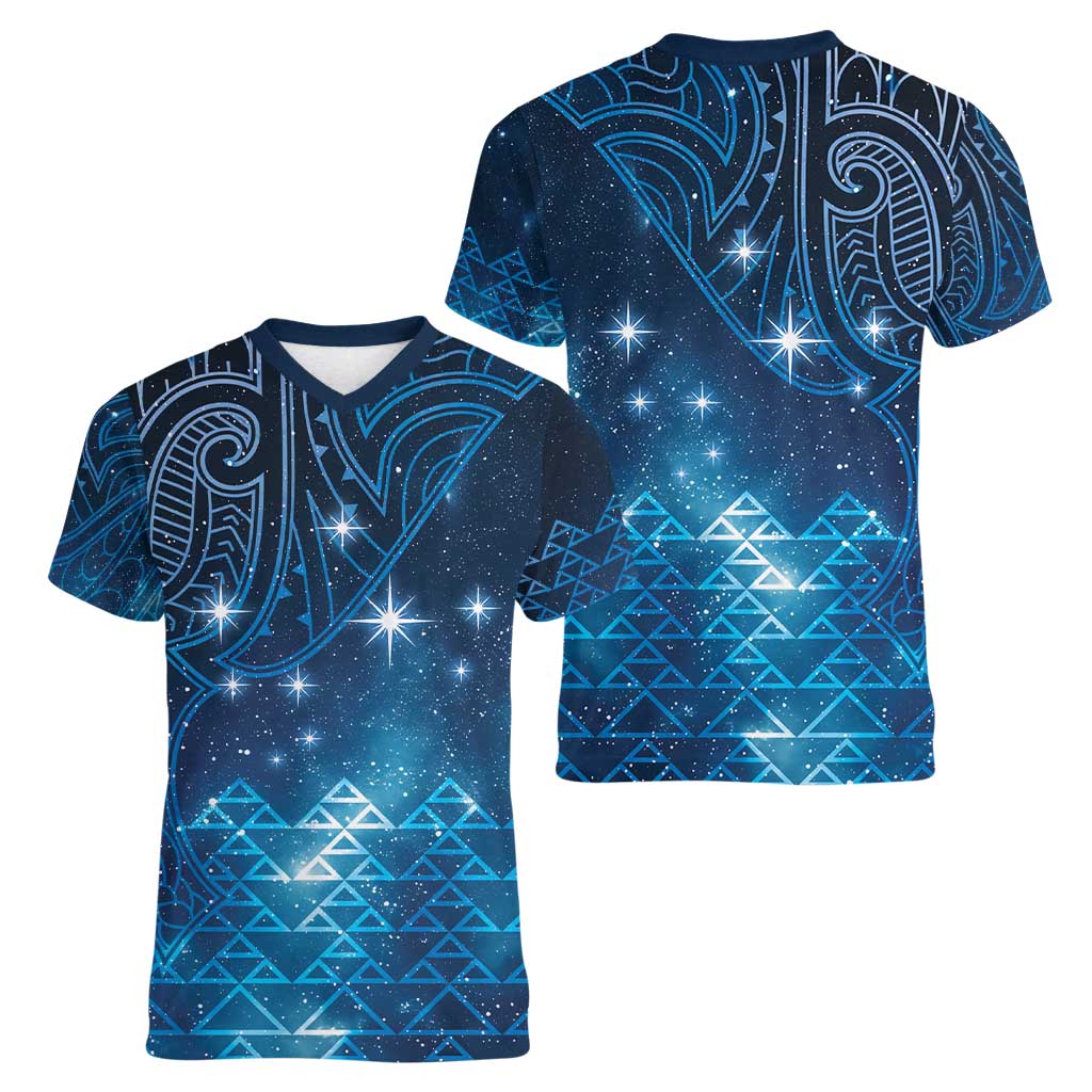 New Zealand Matariki Women V-Neck T-Shirt Taniko Aramoana With Maori Galaxy Sky Night LT9 - Polynesian Pride