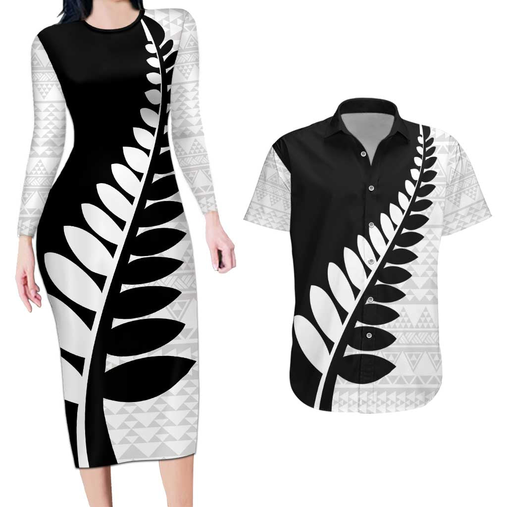 New Zealand Silver Fern Niho Taniwha Couples Matching Long Sleeve Bodycon Dress and Hawaiian Shirt LT9 Black - Polynesian Pride
