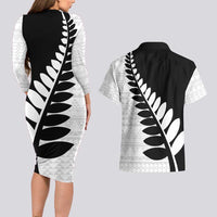 New Zealand Silver Fern Niho Taniwha Couples Matching Long Sleeve Bodycon Dress and Hawaiian Shirt LT9 - Polynesian Pride