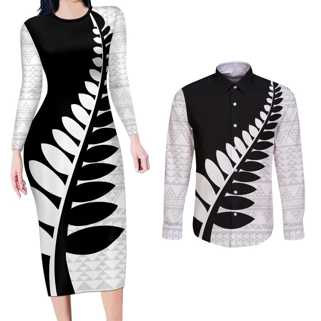 New Zealand Silver Fern Niho Taniwha Couples Matching Long Sleeve Bodycon Dress and Long Sleeve Button Shirt LT9 Black - Polynesian Pride