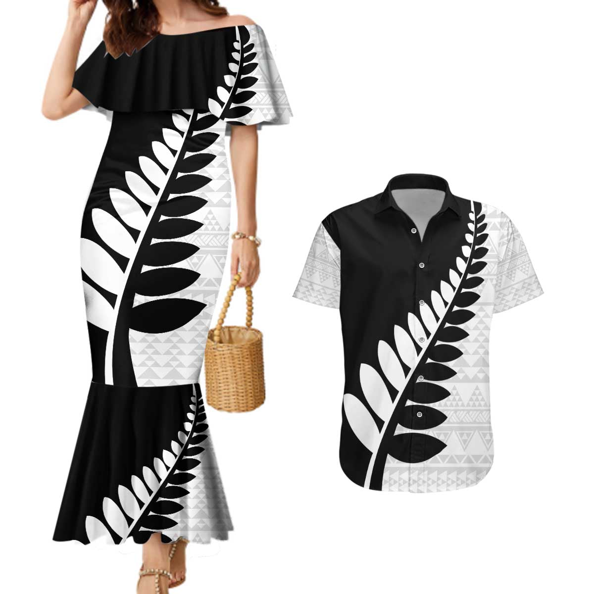 New Zealand Silver Fern Niho Taniwha Couples Matching Mermaid Dress and Hawaiian Shirt LT9 Black - Polynesian Pride