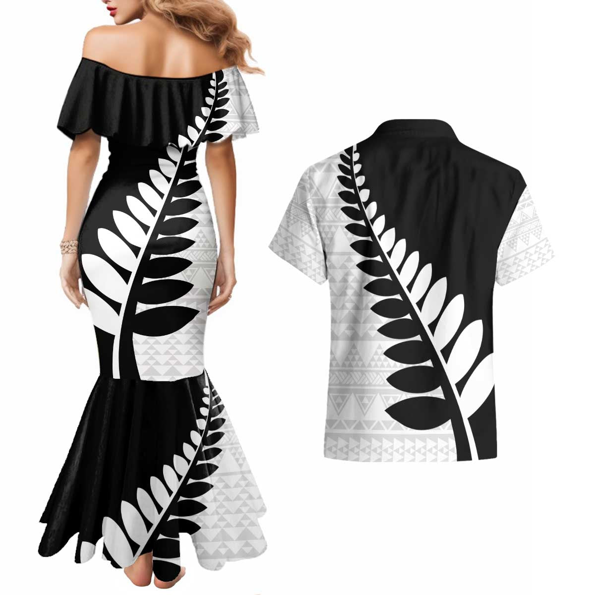 New Zealand Silver Fern Niho Taniwha Couples Matching Mermaid Dress and Hawaiian Shirt LT9 - Polynesian Pride