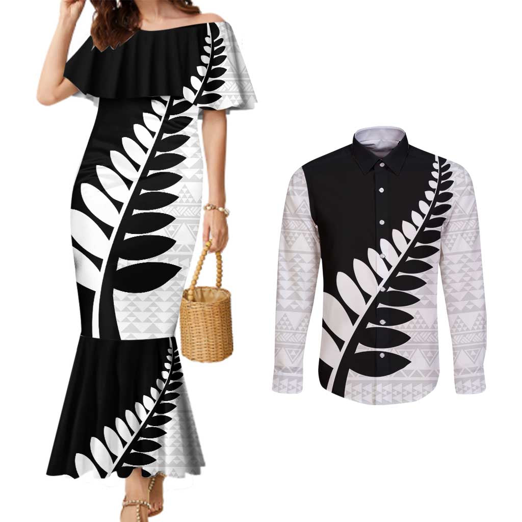 New Zealand Silver Fern Niho Taniwha Couples Matching Mermaid Dress and Long Sleeve Button Shirt LT9 Black - Polynesian Pride