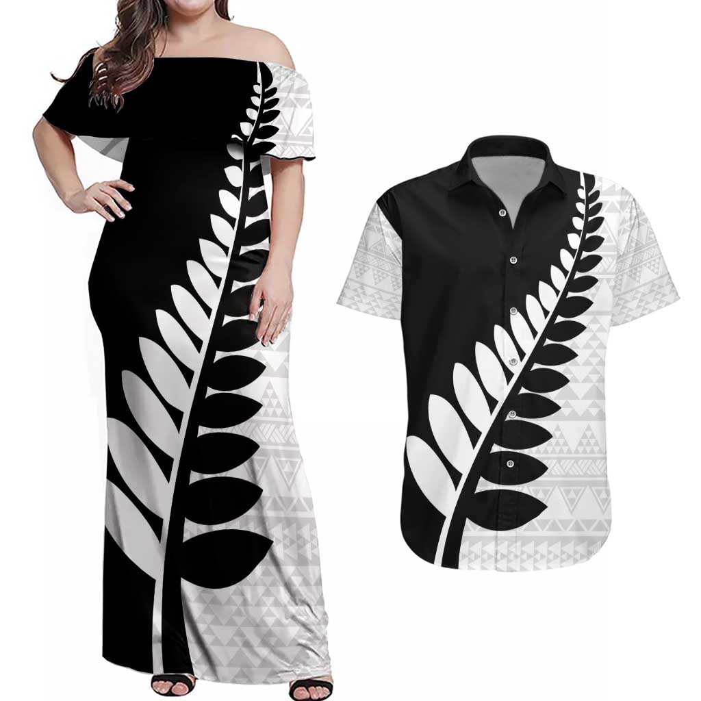 New Zealand Silver Fern Niho Taniwha Couples Matching Off Shoulder Maxi Dress and Hawaiian Shirt LT9 Black - Polynesian Pride