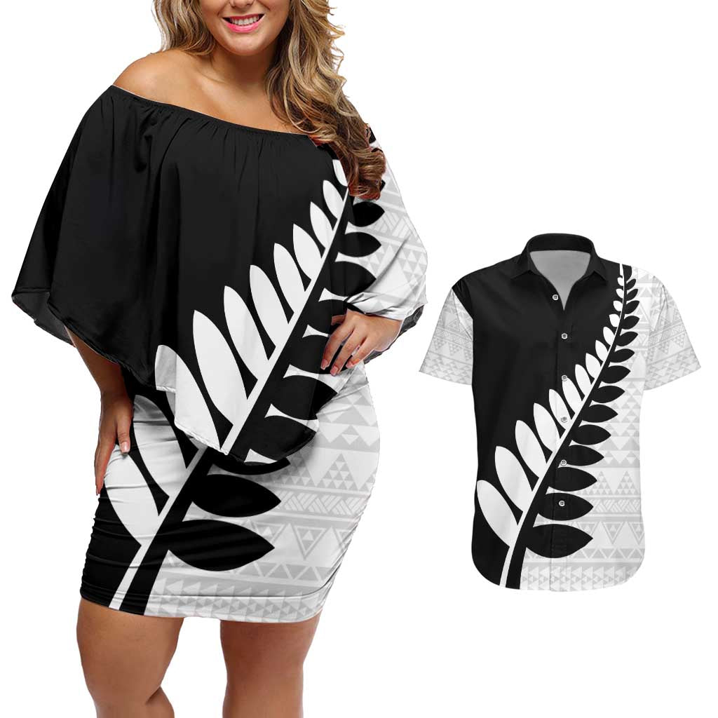 New Zealand Silver Fern Niho Taniwha Couples Matching Off Shoulder Short Dress and Hawaiian Shirt LT9 Black - Polynesian Pride