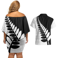 New Zealand Silver Fern Niho Taniwha Couples Matching Off Shoulder Short Dress and Hawaiian Shirt LT9 - Polynesian Pride