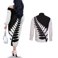 New Zealand Silver Fern Niho Taniwha Couples Matching Off The Shoulder Long Sleeve Dress and Long Sleeve Button Shirt LT9 - Polynesian Pride